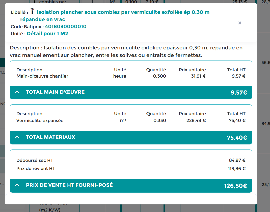 Isolation plancher sous combles par vermiculite exfoliée ép 0,30 m répandue en vrac